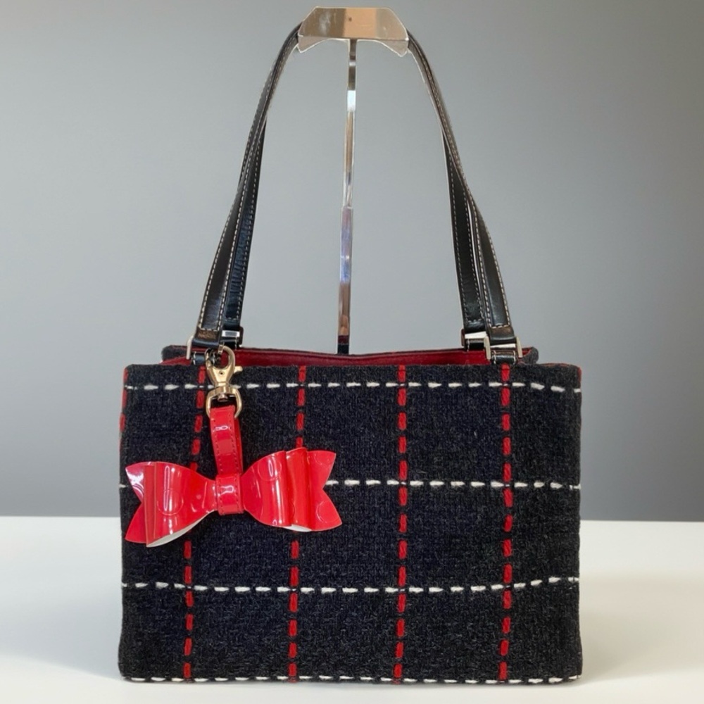 Kate Spade Black Plaid Tote with Red Bow Charm